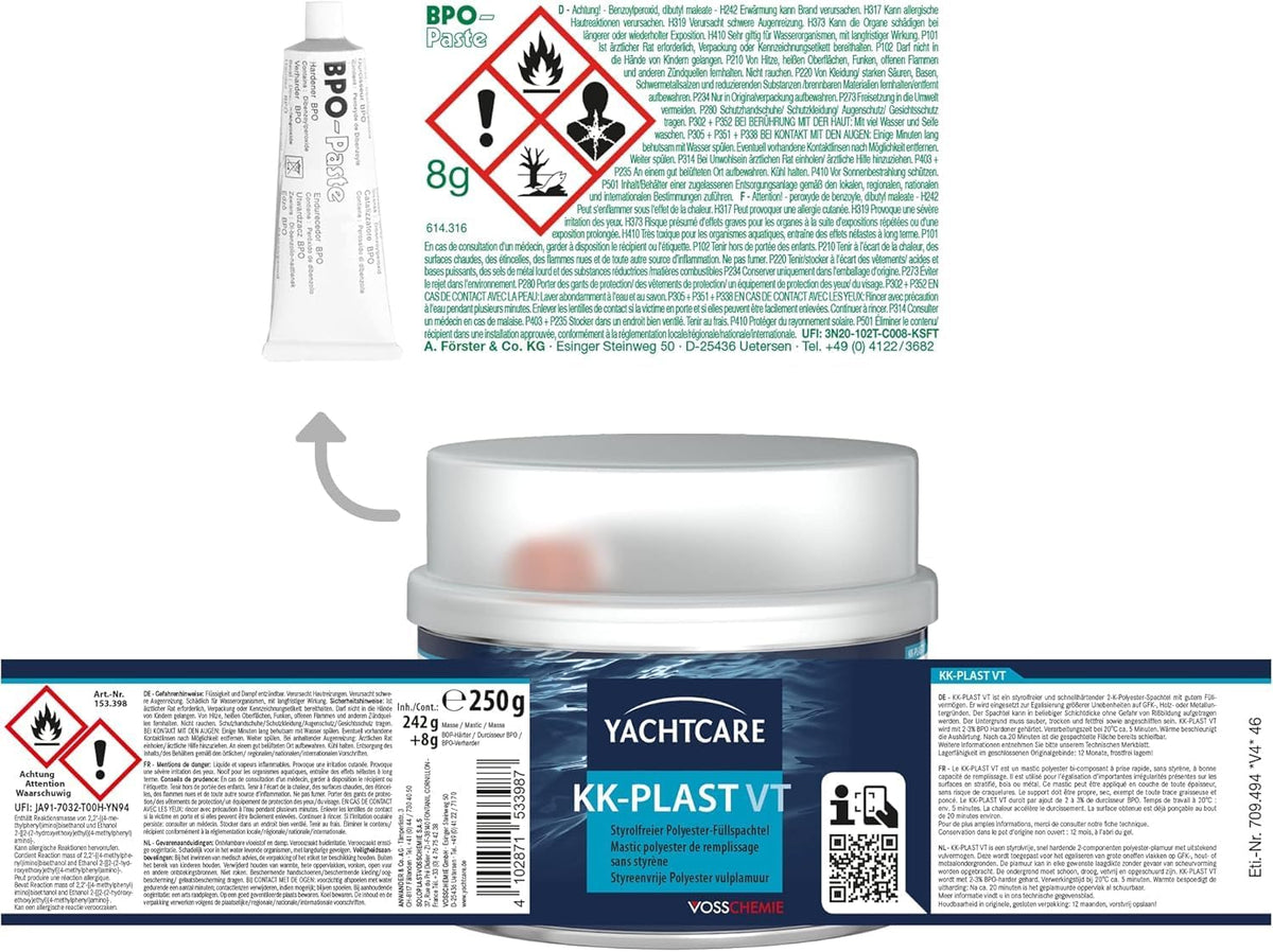 Yachtcare Füllspachtel 250 g styrolfrei – 2K Polyesterspachtel für Auto, Boot, Metall, Holz & GFK – geringer Schrumpf, schnell trocken und schleifbar