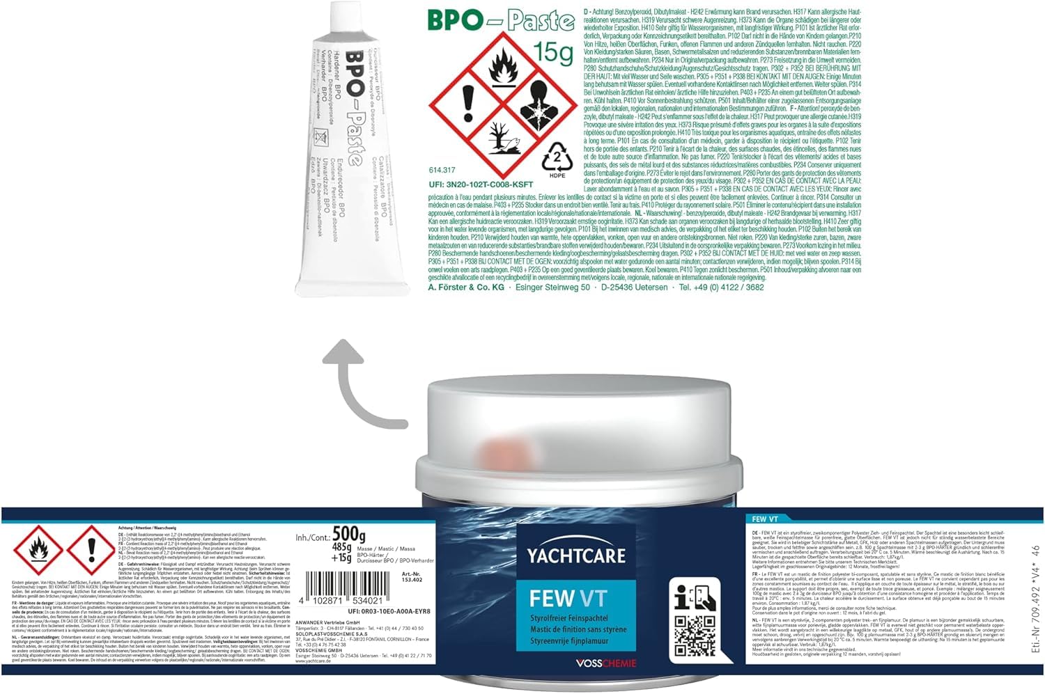 Yachtcare Feinspachtel 500g styrolfrei – 2K Polyesterspachtel für Auto, Boot, Metall, Holz & GFK – geringer Schrumpf, schnell trocken und schleifbar