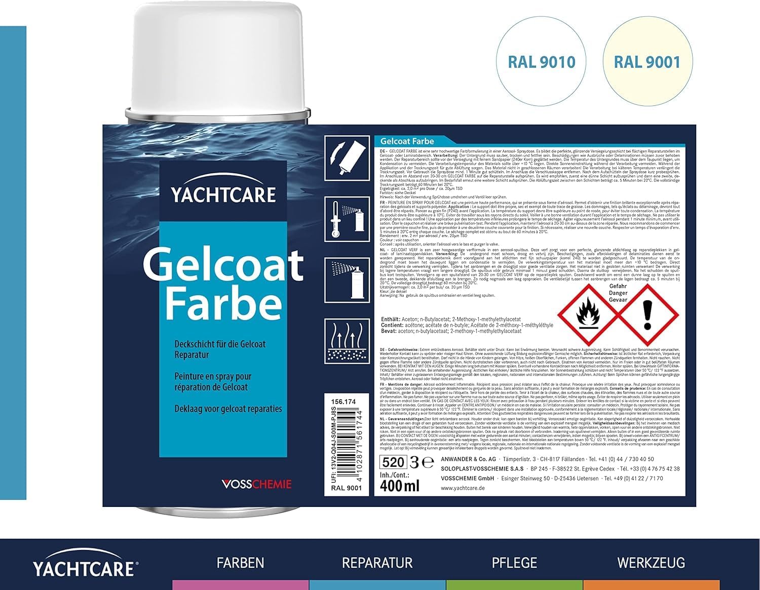 Yachtcare Gelcoat Farbe RAL 9001 400ML - Glänzende Endversiegelung zum Sprühen für Schäden im GFK und Gelcoat