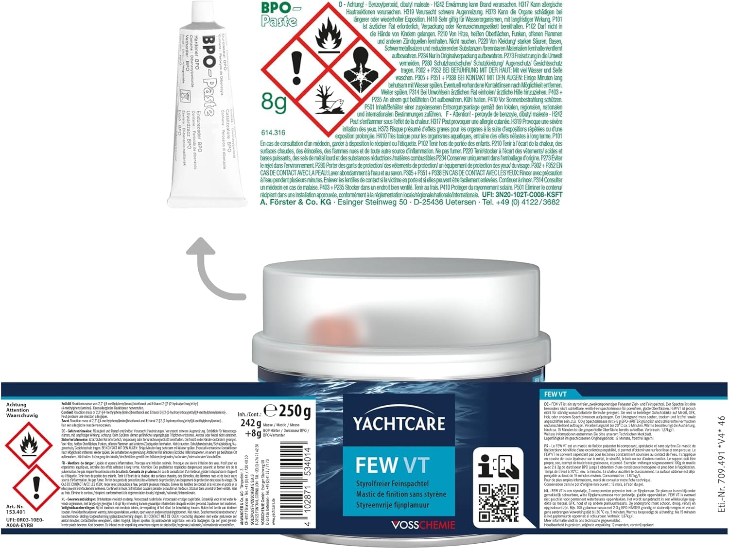 Yachtcare Feinspachtel 250g styrolfrei – 2K Polyesterspachtel für Auto, Boot, Metall, Holz & GFK – geringer Schrumpf, schnell trocken und schleifbar