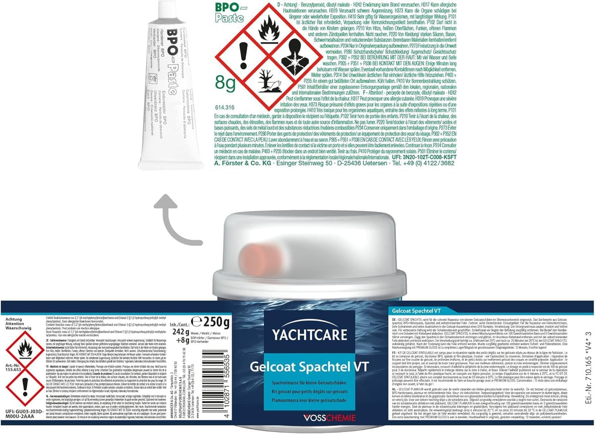 Yachtcare Gelcoat Spachtel weiß 250g- 2K Reparaturspachtel - Ideal für die schnelle Reparatur von Kratzern, Haarrissen Schadstellen und kleinen Löchern