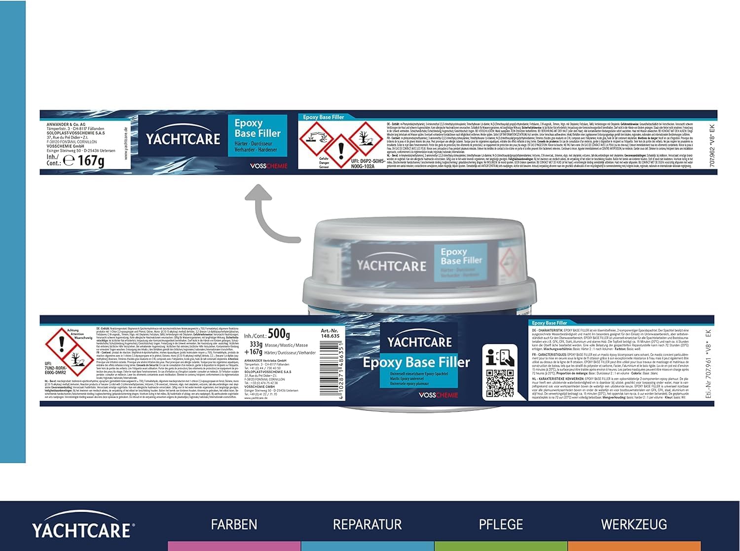 Yachtcare Base Filler Epoxyspachtel, hellgrau, 500g - Universell einsetzbarer Epoxidspachtel für Boote und Yachten bei hoher Wasserbelastung