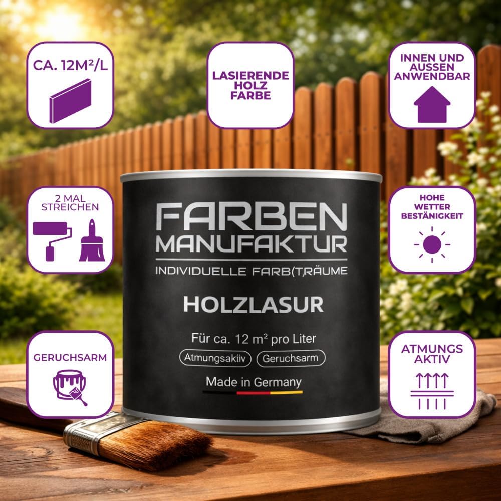 Farben Manufaktur Holzlasur Lasur Holzfarbe Holzschutzlack Wetterschutz UV beständig Holzlack lasierend n. deckend RAL 0,5L, Farbe: ca. RAL 7005 Mausgrau