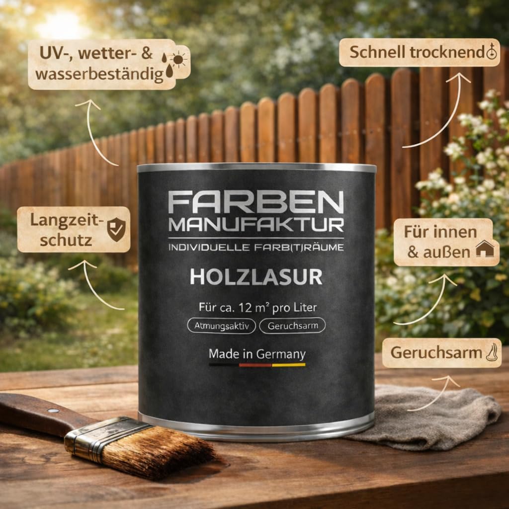 Farben Manufaktur Holzlasur Lasur Holzfarbe Holzschutzlack Wetterschutz UV beständig Holzlack lasierend n. deckend RAL 0,5L, Farbe: ca. RAL 7005 Mausgrau