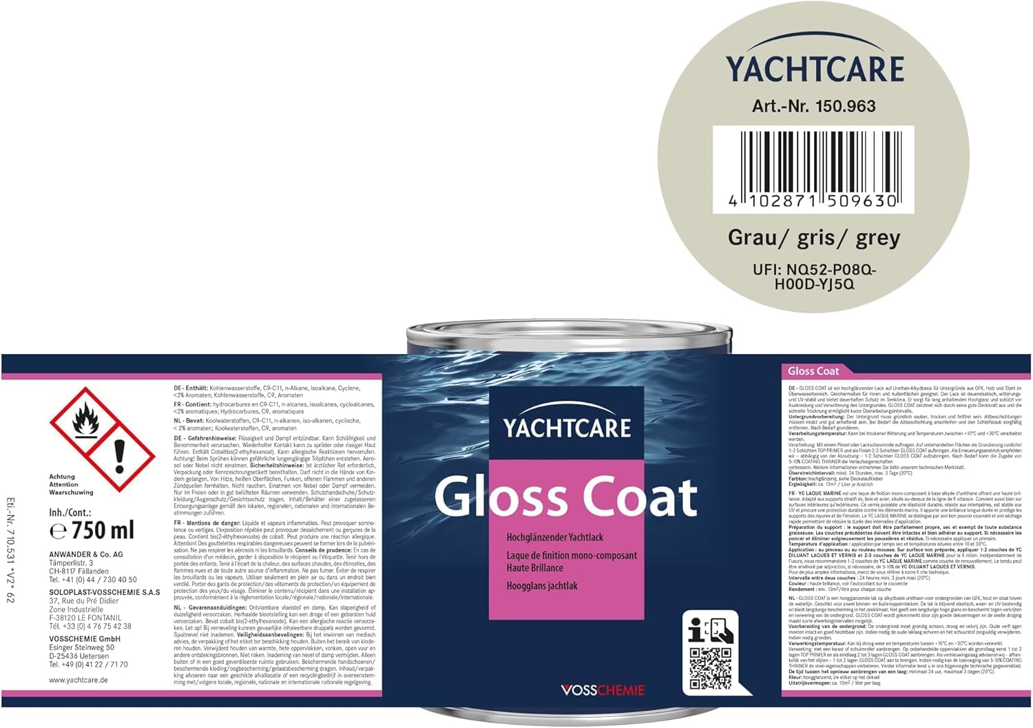 Yachtcare Gloss Coat 750ML - 1- komponentiger Boot & Yachtlack, Grau