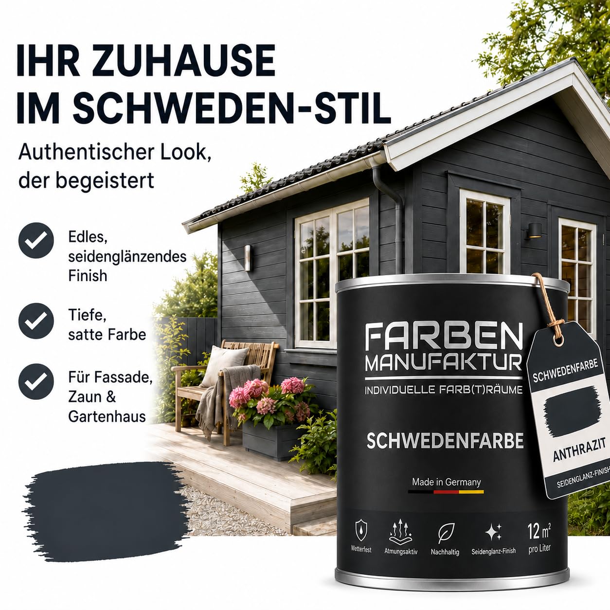 Schwedenfarbe Holzfarbe Außen Wetterfest – Holzschutzfarbe für Fassade, Gartenhaus, Zaun & Scheune – Diffusionsoffen & Nachhaltig Wetterschutzfarbe 2L, Größe: 2L, Farbe: Schweden grün