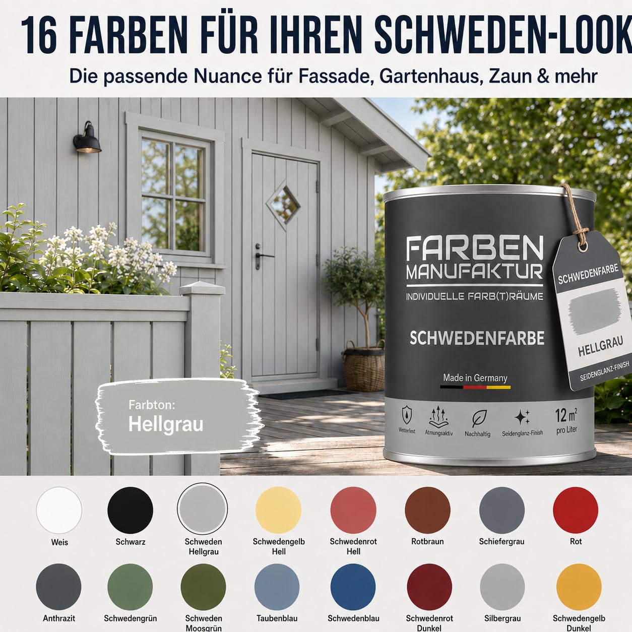 Schwedenfarbe Holzfarbe Außen Wetterfest – Holzschutzfarbe für Fassade, Gartenhaus, Zaun & Scheune – Diffusionsoffen & Nachhaltig Wetterschutzfarbe 2L, Größe: 2L, Farbe: Schweden grün