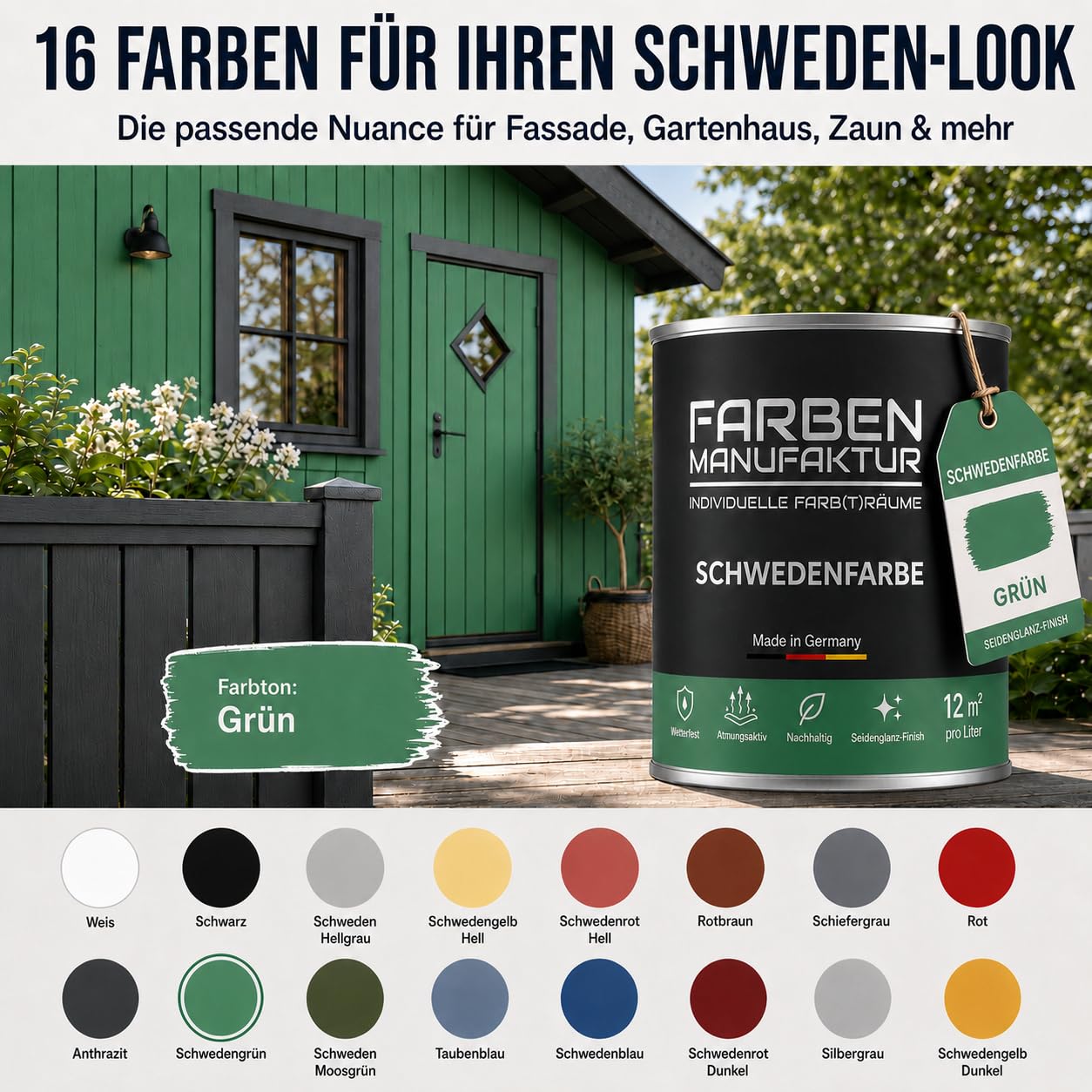 Schwedenfarbe Holzfarbe Außen Wetterfest – Holzschutzfarbe für Fassade, Gartenhaus, Zaun & Scheune – Diffusionsoffen & Nachhaltig Wetterschutzfarbe 2L, Größe: 2L, Farbe: Schweden grün