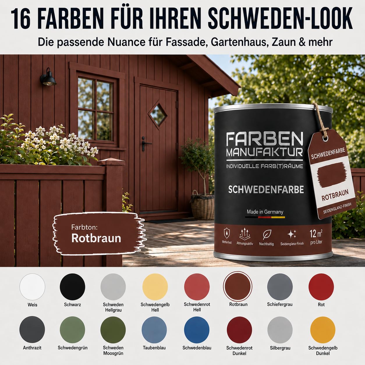 Schwedenfarbe Holzfarbe Außen Wetterfest – Holzschutzfarbe für Fassade, Gartenhaus, Zaun & Scheune – Diffusionsoffen & Nachhaltig Wetterschutzfarbe 1/2/5L, Größe: 2L, Farbe: Schweden moosgrün