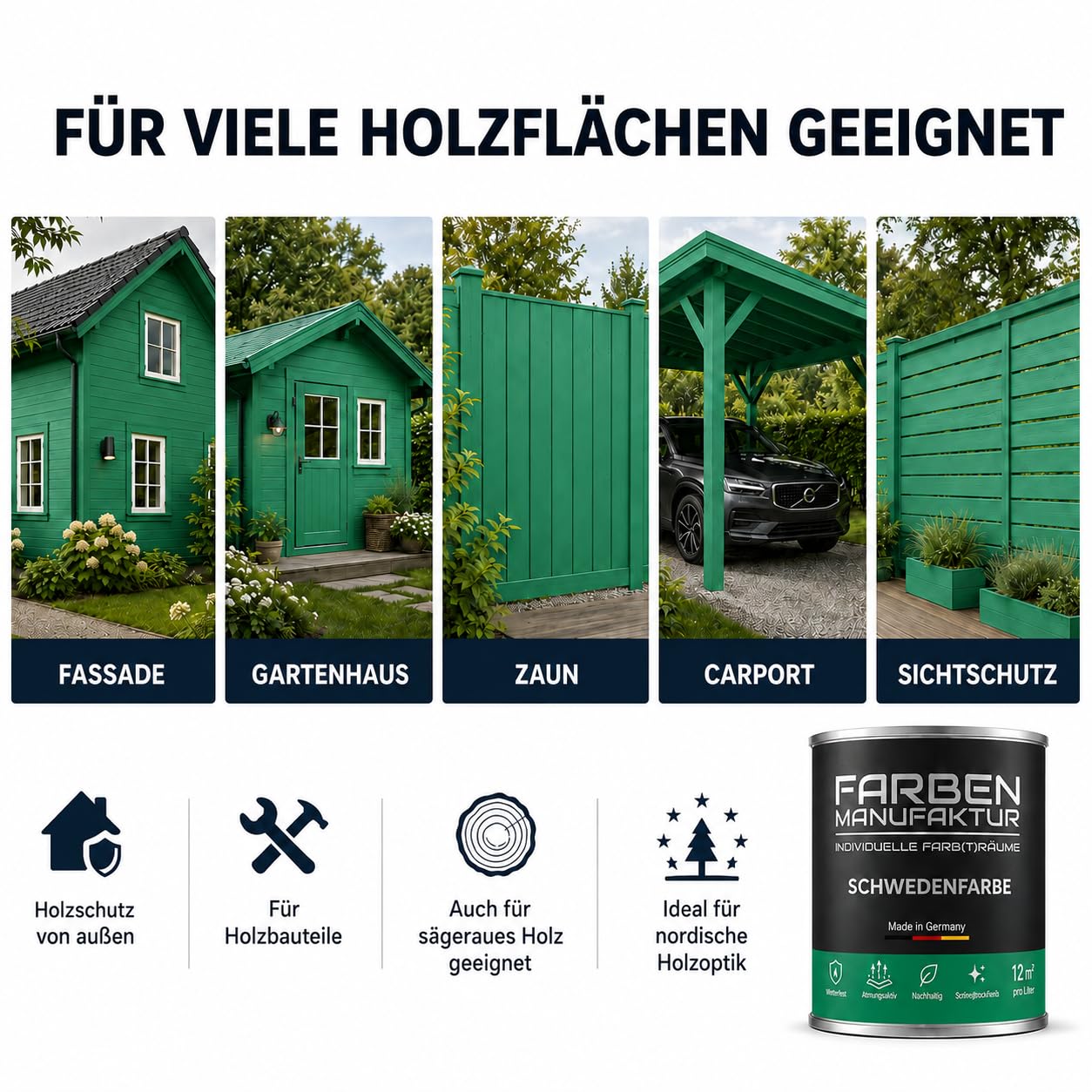 Schwedenfarbe Holzfarbe Außen Wetterfest – Holzschutzfarbe für Fassade, Gartenhaus, Zaun & Scheune – Diffusionsoffen & Nachhaltig Wetterschutzfarbe 2L, Größe: 2L, Farbe: Schweden grün