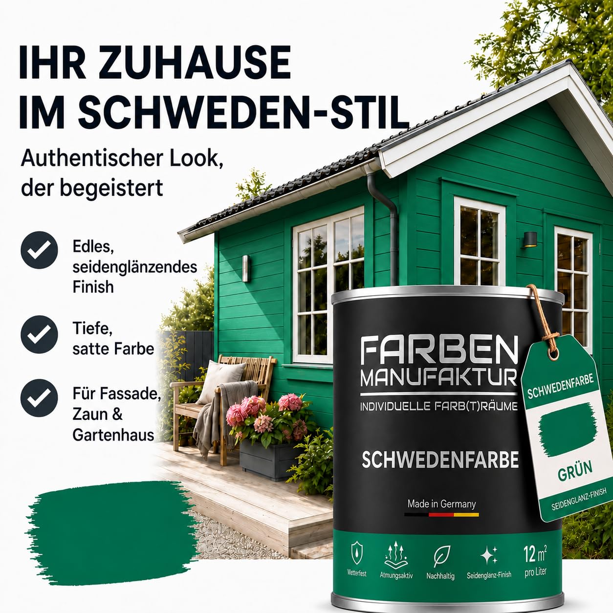 Schwedenfarbe Holzfarbe Außen Wetterfest – Holzschutzfarbe für Fassade, Gartenhaus, Zaun & Scheune – Diffusionsoffen & Nachhaltig Wetterschutzfarbe, Größe: 1L, Farbe: Schweden blau