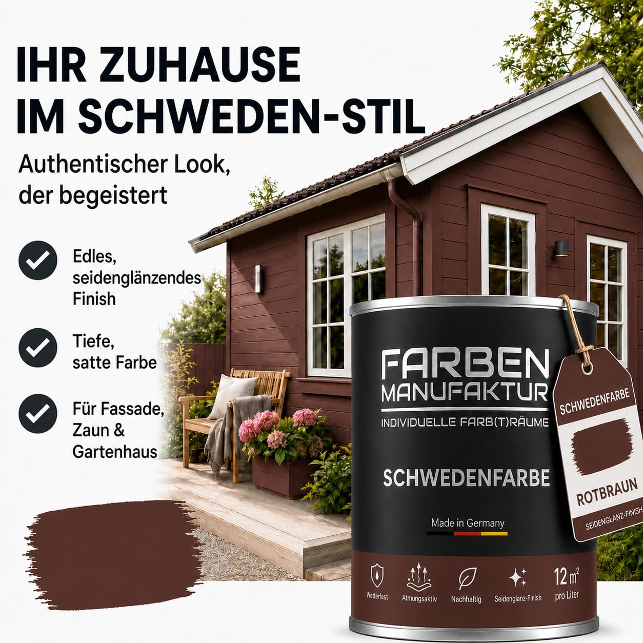 Schwedenfarbe Holzfarbe Außen Wetterfest – Holzschutzfarbe für Fassade, Gartenhaus, Zaun & Scheune – Diffusionsoffen & Nachhaltig Wetterschutzfarbe 1/2/5L, Größe: 2L, Farbe: Schweden moosgrün