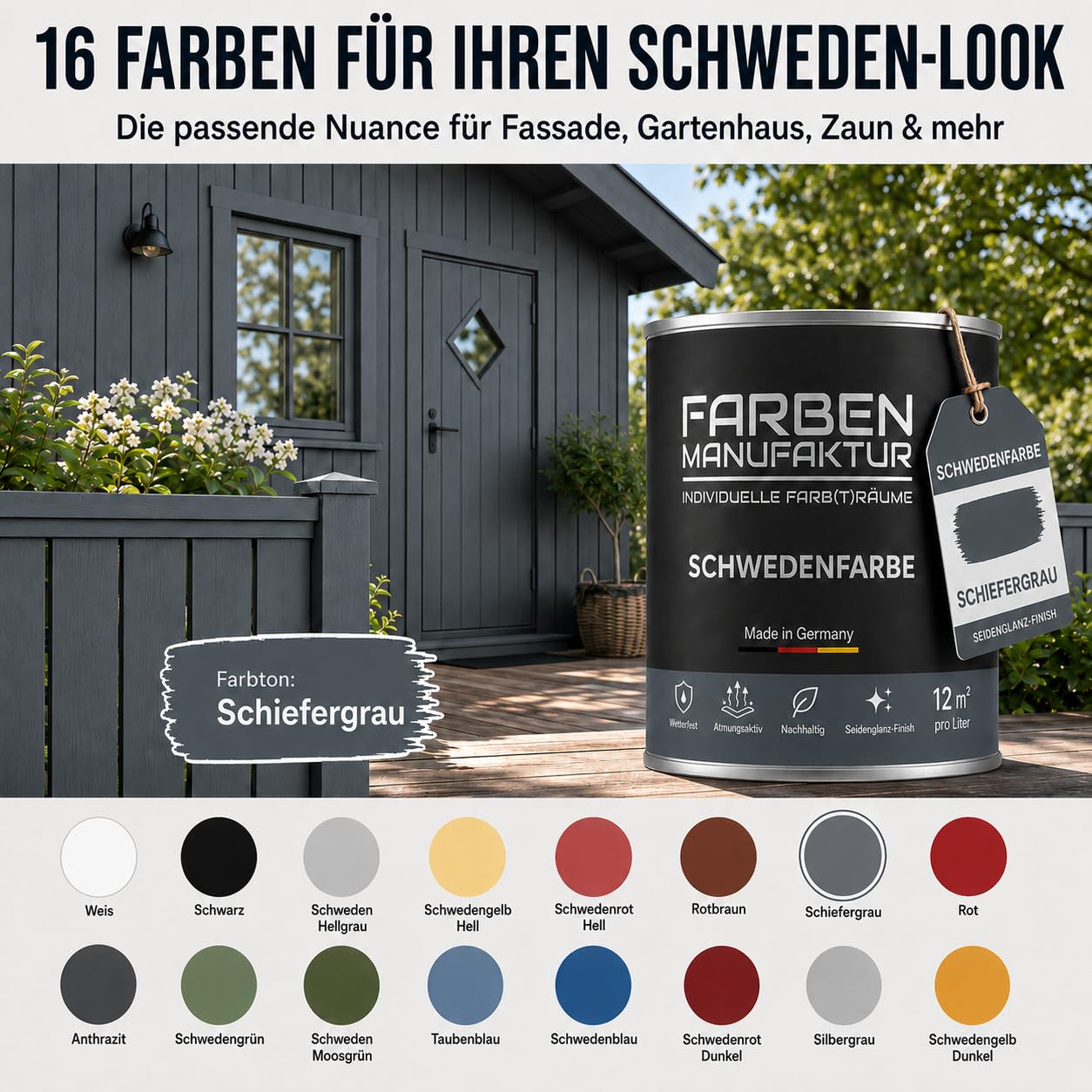 Schwedenfarbe Holzfarbe Außen Wetterfest – Holzschutzfarbe für Fassade, Gartenhaus, Zaun & Scheune – Diffusionsoffen & Nachhaltig Wetterschutzfarbe 1/2/5L, Größe: 2L, Farbe: Schweden moosgrün