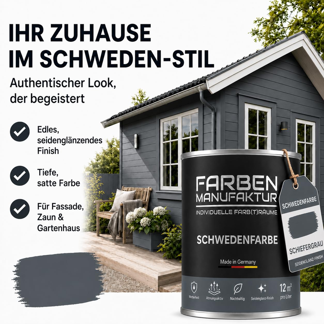 Schwedenfarbe Holzfarbe Außen Wetterfest – Holzschutzfarbe für Fassade, Gartenhaus, Zaun & Scheune – Diffusionsoffen & Nachhaltig Wetterschutzfarbe 2L, Größe: 2L, Farbe: Schweden grün
