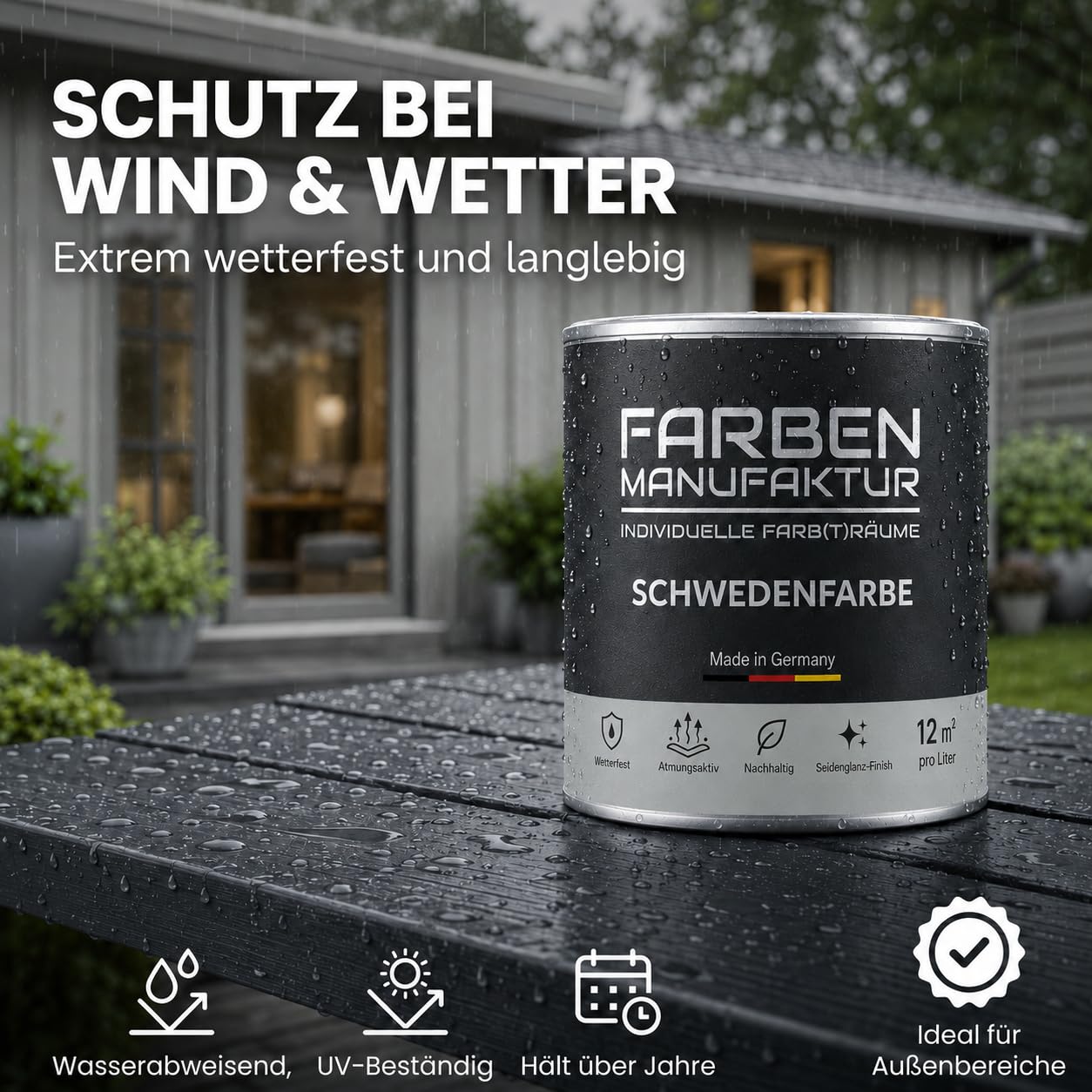 Schwedenfarbe Holzfarbe Außen Wetterfest – Holzschutzfarbe für Fassade, Gartenhaus, Zaun & Scheune – Diffusionsoffen & Nachhaltig Wetterschutzfarbe, Größe: 1L, Farbe: Schweden blau