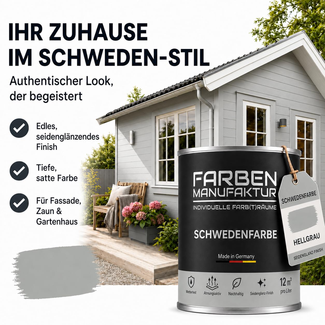 Schwedenfarbe Holzfarbe Außen Wetterfest – Holzschutzfarbe für Fassade, Gartenhaus, Zaun & Scheune – Diffusionsoffen & Nachhaltig Wetterschutzfarbe 2L, Größe: 2L, Farbe: Schweden grün