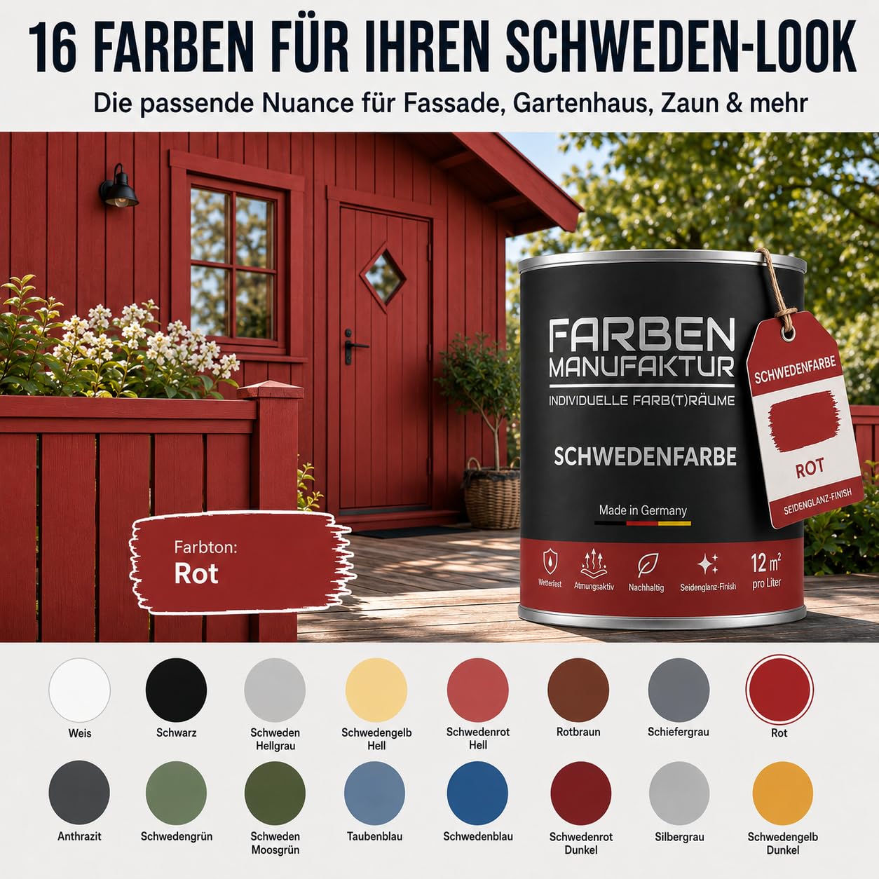 Schwedenfarbe Holzfarbe Außen Wetterfest – Holzschutzfarbe für Fassade, Gartenhaus, Zaun & Scheune – Diffusionsoffen & Nachhaltig Wetterschutzfarbe 1/2/5L, Größe: 2L, Farbe: Schweden moosgrün