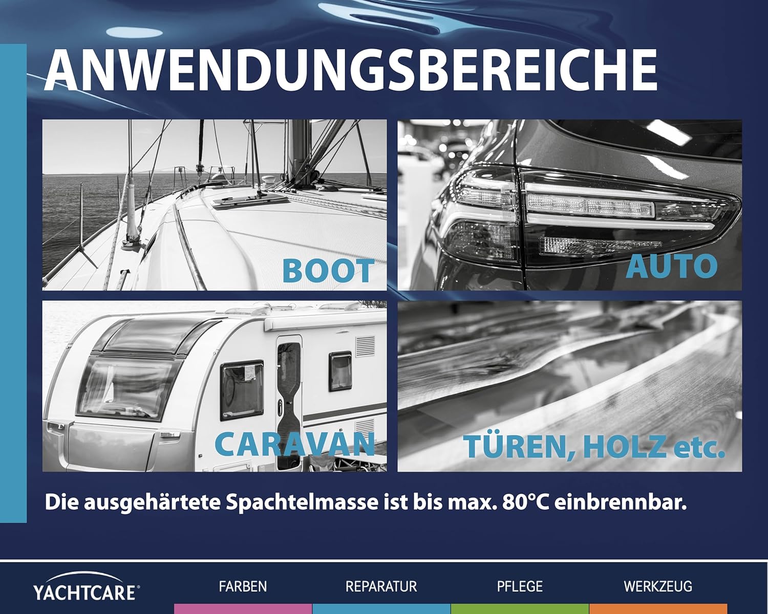 Yachtcare Feinspachtel 1kg styrolfrei – 2K Polyesterspachtel für Auto, Boot, Metall, Holz & GFK – geringer Schrumpf, schnell trocken und schleifbar