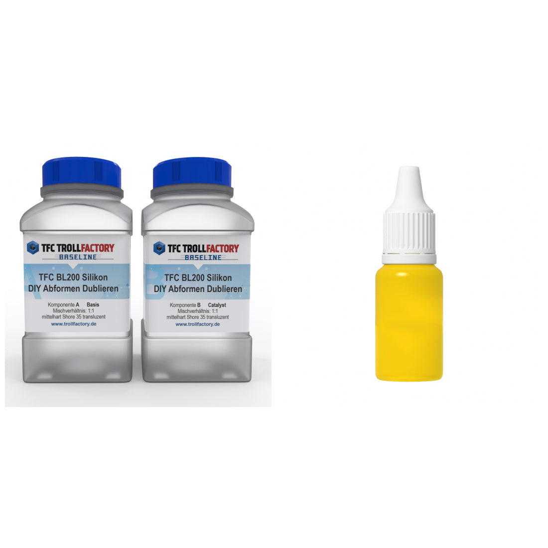 TFC Starterset DIY Silikon gelb - Baseline 200 Abformsilikon Shore 35 1:1 1 kg + TFC Silikonfarbe PY