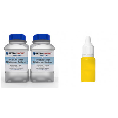 TFC Starterset DIY Silikon gelb - Baseline 200 Abformsilikon Shore 35 1:1 1 kg + TFC Silikonfarbe PY